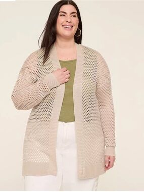 Lane Bryant Open-Knit Longline Cardigan Sweater in gray/beige